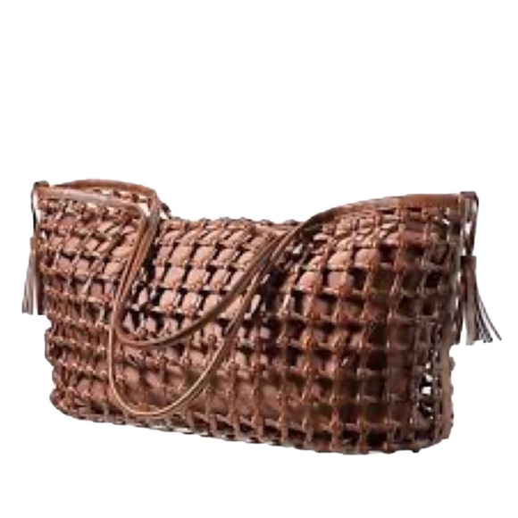 Anthropologie Synthetic Leather Carson Brown Woven Cage Tote - Picture 3 of 12